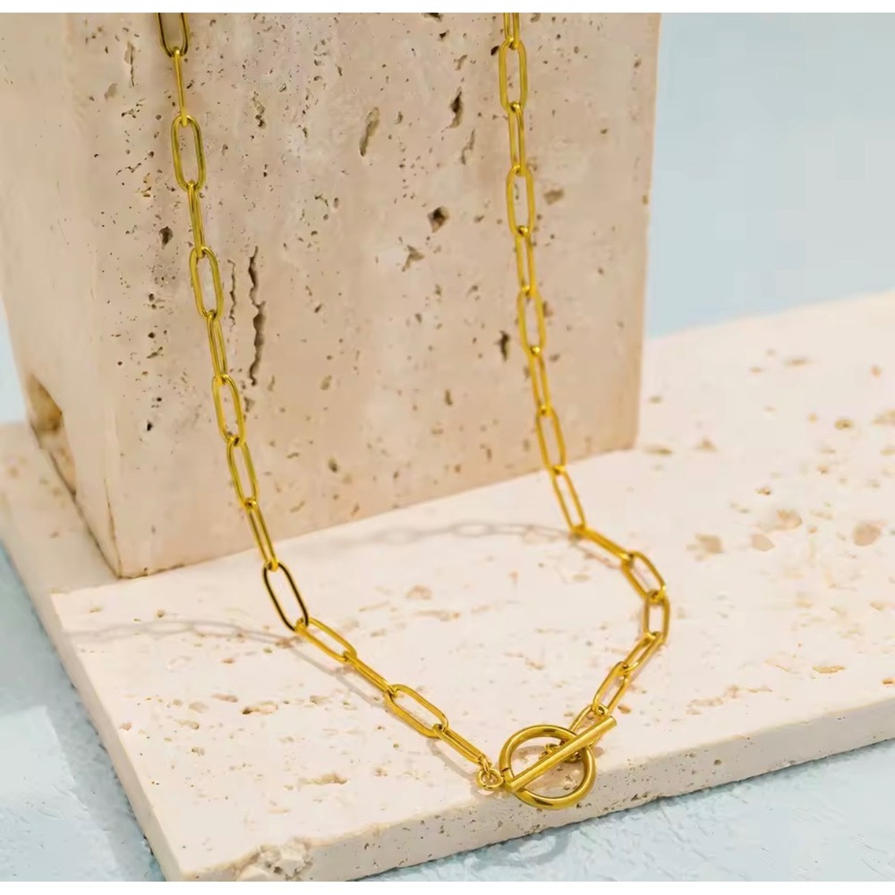Gold Paperclip Chain Toggle Necklace Minimalist Link Layering Jewelry - Picture 6 of 6